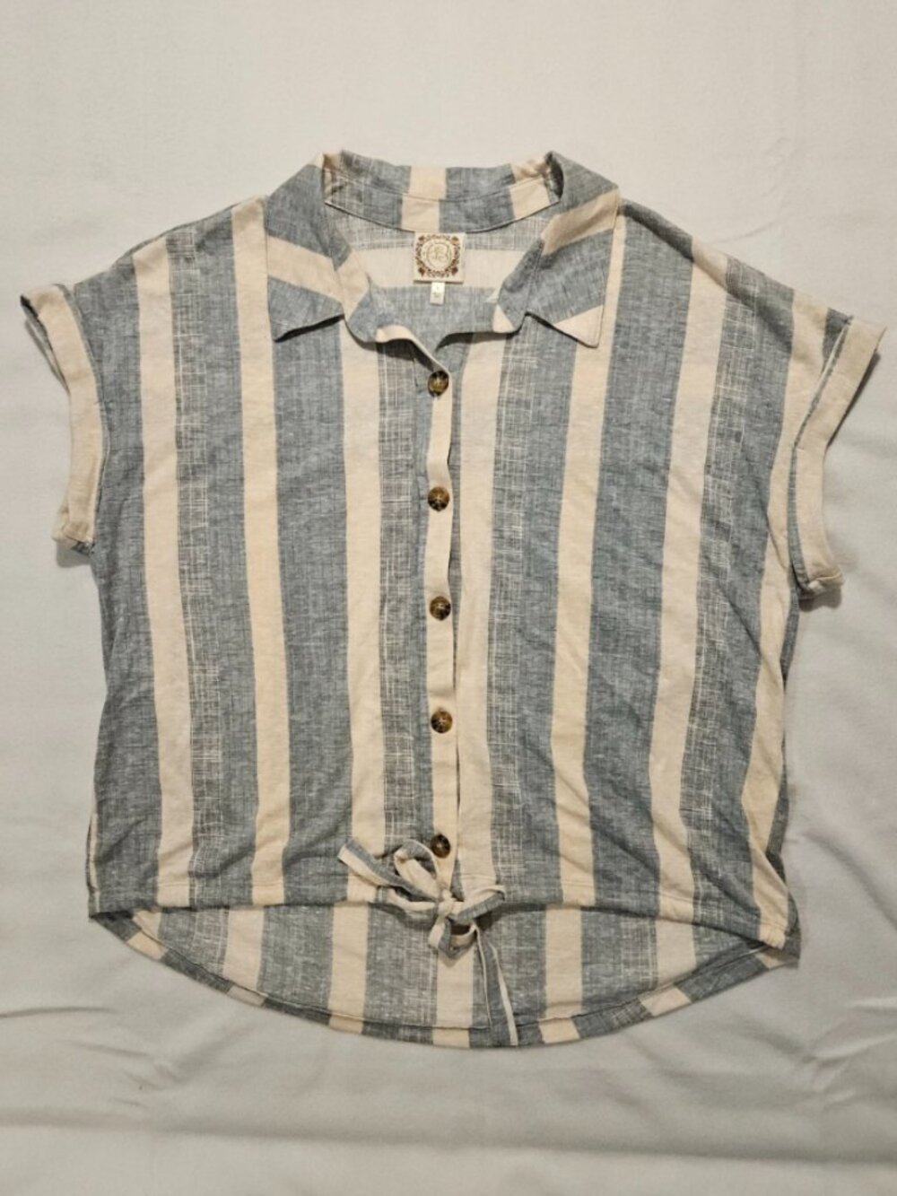 Tru Self Coastal Blue Cream Striped Slub Tie Front Button Down Shirt - L